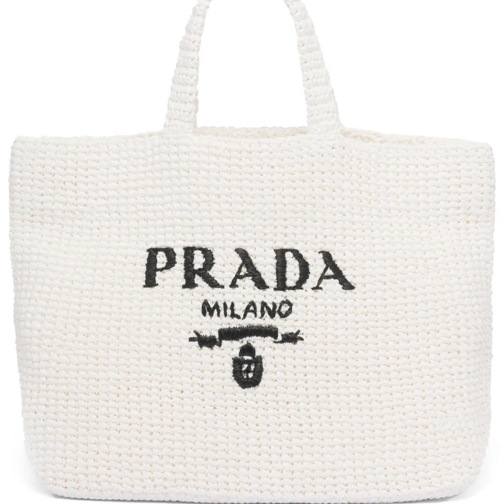 Prada Raffia White Knit Tote Beach Bag